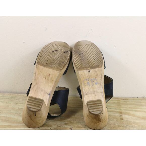 Moheda Sweden Victoria Clogs 8.5 Black Leather Wooden Peep Toe Heeled Sandals - Picture 7 of 11